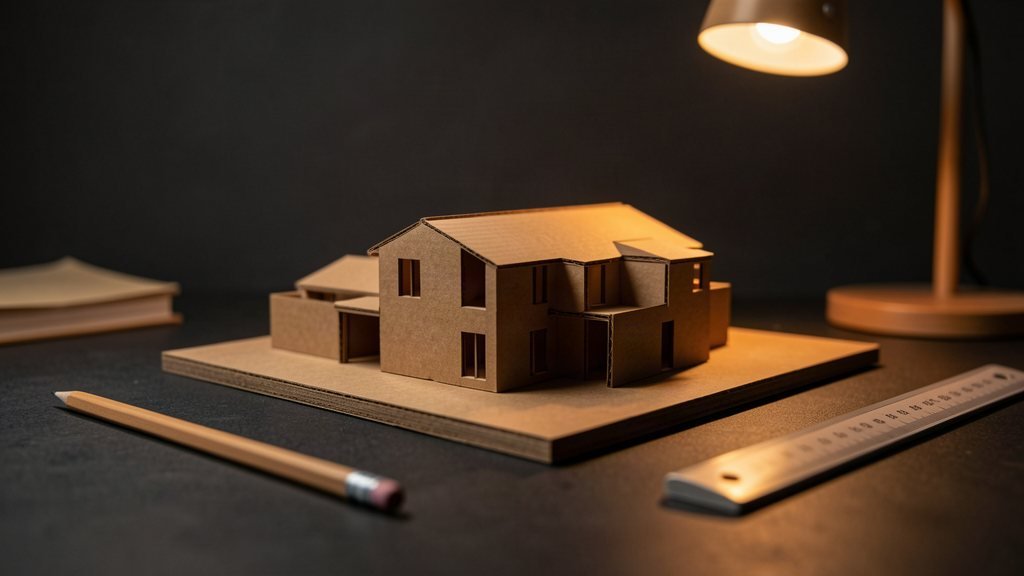 Architectural massing model in warm wood on a dark desk